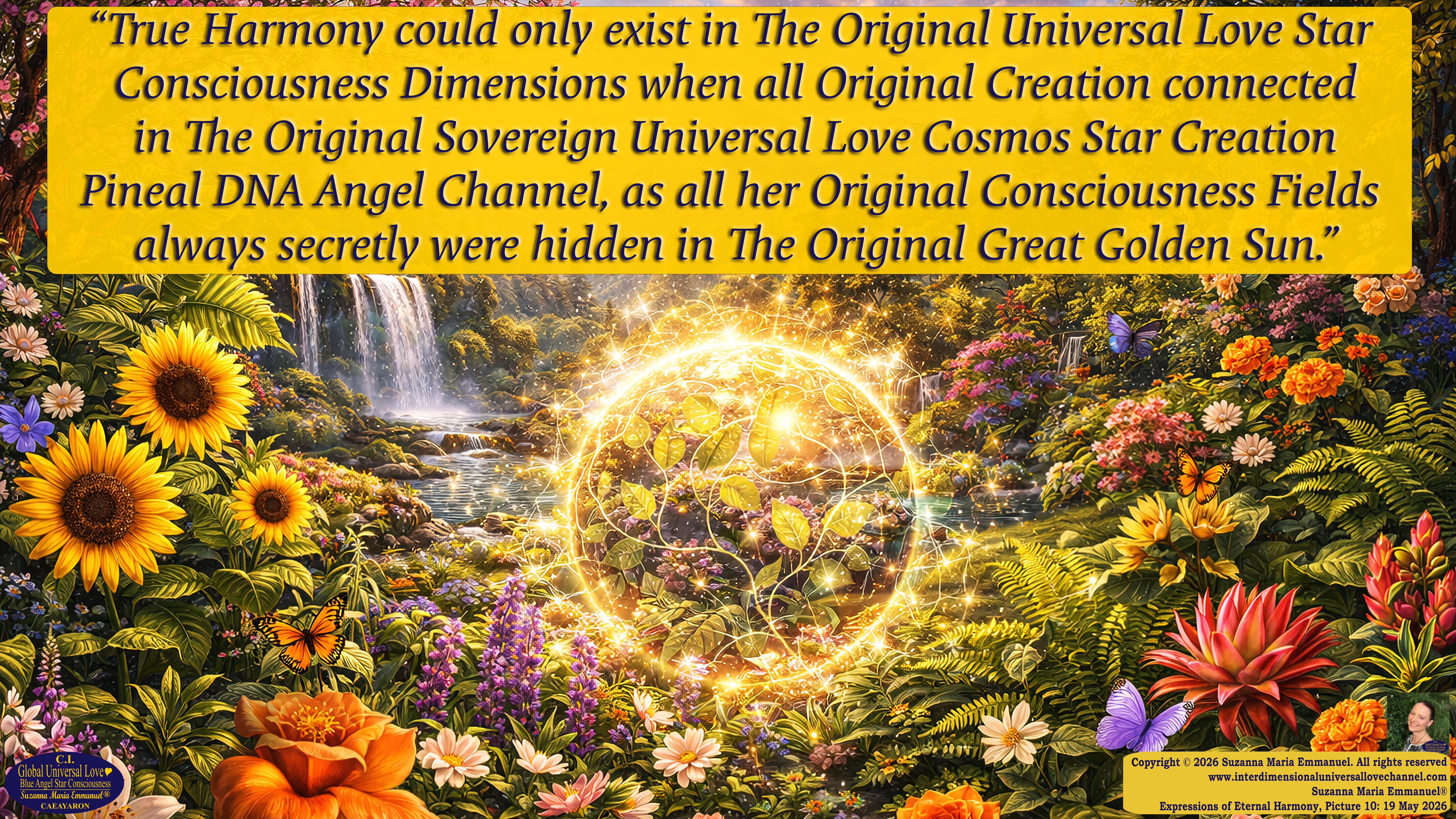 By Suzanna Maria Emmanuel:  "When all Original Sovereign Golden Sun People worked together within The Original Love of The Great Universe, in Divine Love, they all wanted life to begin so much from their own and Original Golden Soul-Sun Activated Hearts, in The Original Golden Soul-Sun Consciousness Dimensions of Love, together as One Field of Energy.  When The Original Sovereign Universal Love, Light and Life Grid Programmer, C.Q. Laeayaraesea, knew all their Greatest Golden Heart Desires from their Original Hearts for Life to exist on their Original Blue Star Planets, in The Love, that is when she could begin to ask CAEAYARON, THE ORIGINAL SOVEREIGN MAGNETIC MASTER, to designate Magnetic Fields for all the Original People to exist in The Love, on The Original Blue Star Planets, within all their Original Golden Soul-Sun Pineal Activated Desires of Love, Life, and their Highest Truth to come in, forever." 