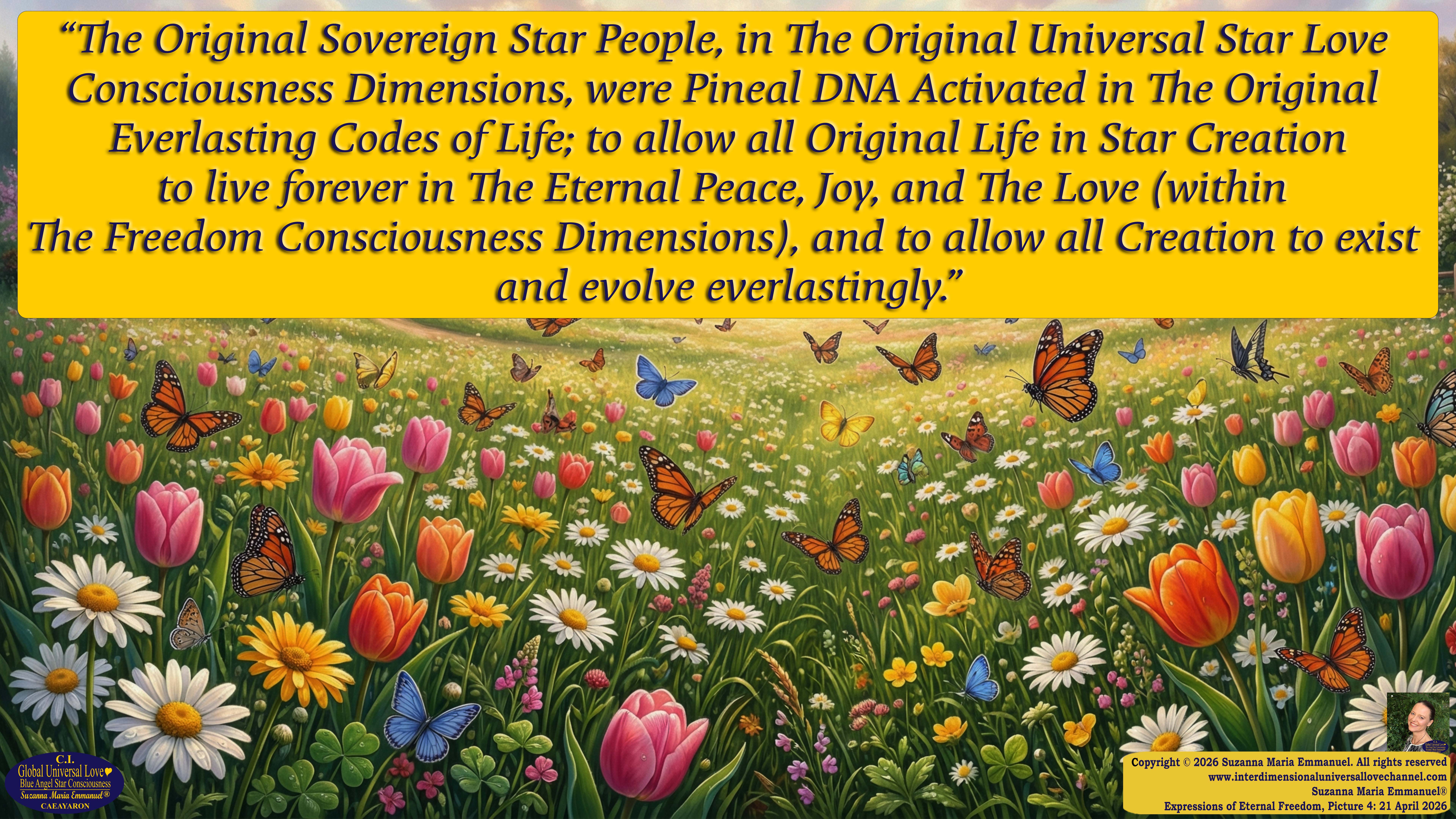 By Suzanna Maria Emmanuel:  "When all Original Sovereign Golden Sun People worked together within The Original Love of The Great Universe, in Divine Love, they all wanted life to begin so much from their own and Original Golden Soul-Sun Activated Hearts, in The Original Golden Soul-Sun Consciousness Dimensions of Love, together as One Field of Energy.  When The Original Sovereign Universal Love, Light and Life Grid Programmer, C.Q. Laeayaraesea, knew all their Greatest Golden Heart Desires from their Original Hearts for Life to exist on their Original Blue Star Planets, in The Love, that is when she could begin to ask CAEAYARON, THE ORIGINAL SOVEREIGN MAGNETIC MASTER, to designate Magnetic Fields for all the Original People to exist in The Love, on The Original Blue Star Planets, within all their Original Golden Soul-Sun Pineal Activated Desires of Love, Life, and their Highest Truth to come in, forever." 