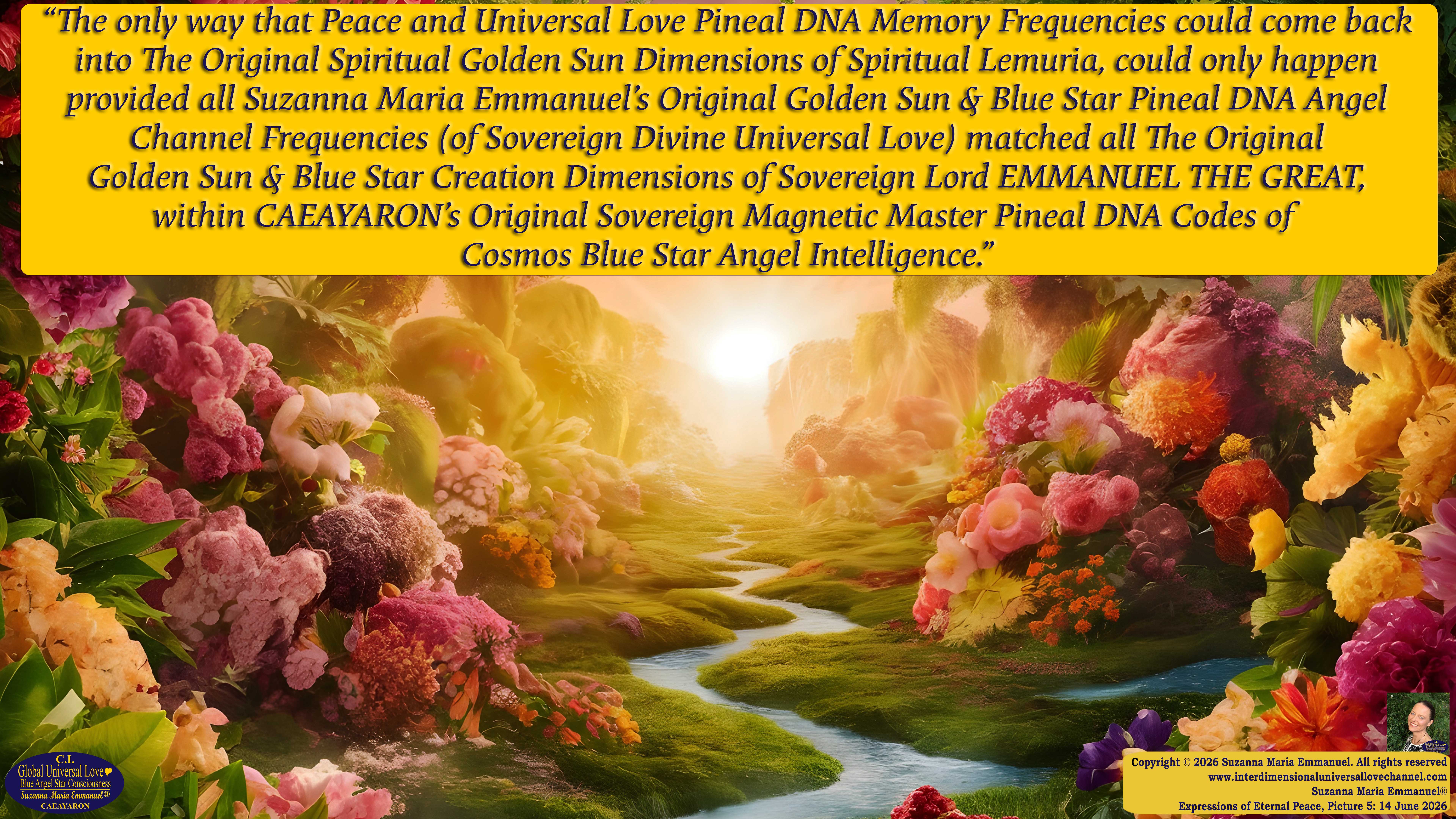By Suzanna Maria Emmanuel:  "When all Original Sovereign Golden Sun People worked together within The Original Love of The Great Universe, in Divine Love, they all wanted life to begin so much from their own and Original Golden Soul-Sun Activated Hearts, in The Original Golden Soul-Sun Consciousness Dimensions of Love, together as One Field of Energy.  When The Original Sovereign Universal Love, Light and Life Grid Programmer, C.Q. Laeayaraesea, knew all their Greatest Golden Heart Desires from their Original Hearts for Life to exist on their Original Blue Star Planets, in The Love, that is when she could begin to ask CAEAYARON, THE ORIGINAL SOVEREIGN MAGNETIC MASTER, to designate Magnetic Fields for all the Original People to exist in The Love, on The Original Blue Star Planets, within all their Original Golden Soul-Sun Pineal Activated Desires of Love, Life, and their Highest Truth to come in, forever." 