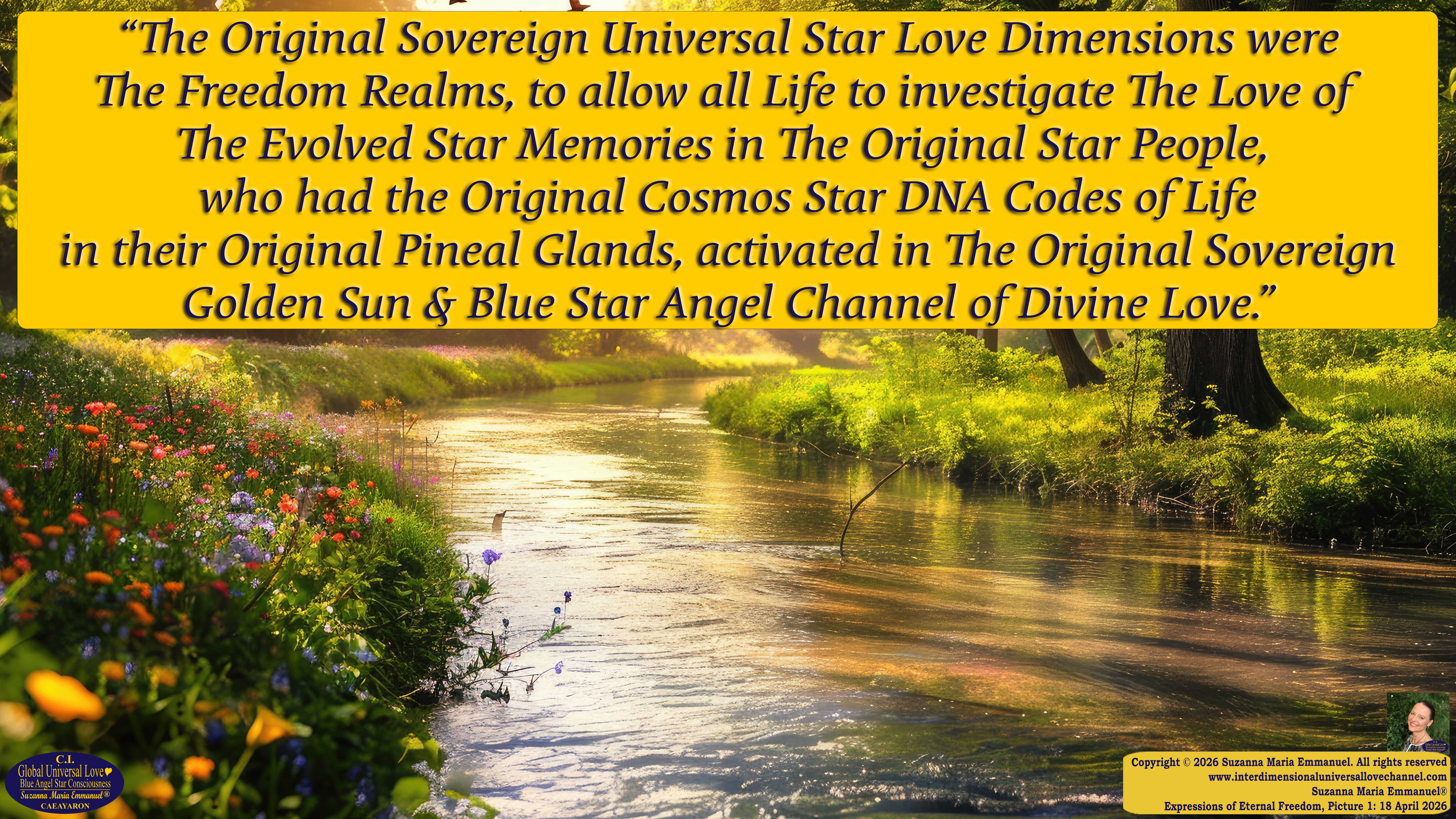 By Suzanna Maria Emmanuel:  "When all Original Sovereign Golden Sun People worked together within The Original Love of The Great Universe, in Divine Love, they all wanted life to begin so much from their own and Original Golden Soul-Sun Activated Hearts, in The Original Golden Soul-Sun Consciousness Dimensions of Love, together as One Field of Energy.  When The Original Sovereign Universal Love, Light and Life Grid Programmer, C.Q. Laeayaraesea, knew all their Greatest Golden Heart Desires from their Original Hearts for Life to exist on their Original Blue Star Planets, in The Love, that is when she could begin to ask CAEAYARON, THE ORIGINAL SOVEREIGN MAGNETIC MASTER, to designate Magnetic Fields for all the Original People to exist in The Love, on The Original Blue Star Planets, within all their Original Golden Soul-Sun Pineal Activated Desires of Love, Life, and their Highest Truth to come in, forever." 