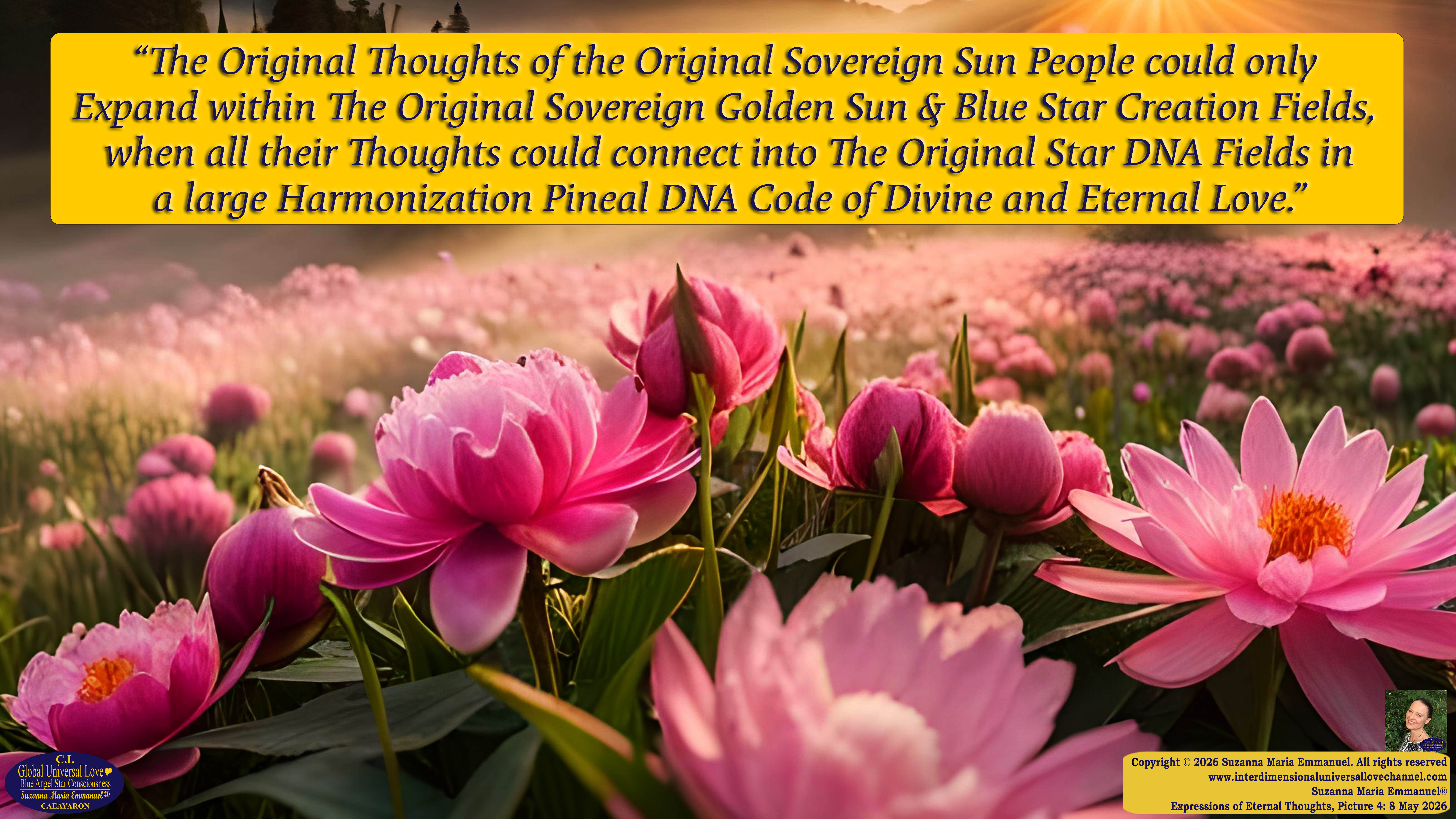 By Suzanna Maria Emmanuel:  "When all Original Sovereign Golden Sun People worked together within The Original Love of The Great Universe, in Divine Love, they all wanted life to begin so much from their own and Original Golden Soul-Sun Activated Hearts, in The Original Golden Soul-Sun Consciousness Dimensions of Love, together as One Field of Energy.  When The Original Sovereign Universal Love, Light and Life Grid Programmer, C.Q. Laeayaraesea, knew all their Greatest Golden Heart Desires from their Original Hearts for Life to exist on their Original Blue Star Planets, in The Love, that is when she could begin to ask CAEAYARON, THE ORIGINAL SOVEREIGN MAGNETIC MASTER, to designate Magnetic Fields for all the Original People to exist in The Love, on The Original Blue Star Planets, within all their Original Golden Soul-Sun Pineal Activated Desires of Love, Life, and their Highest Truth to come in, forever." 