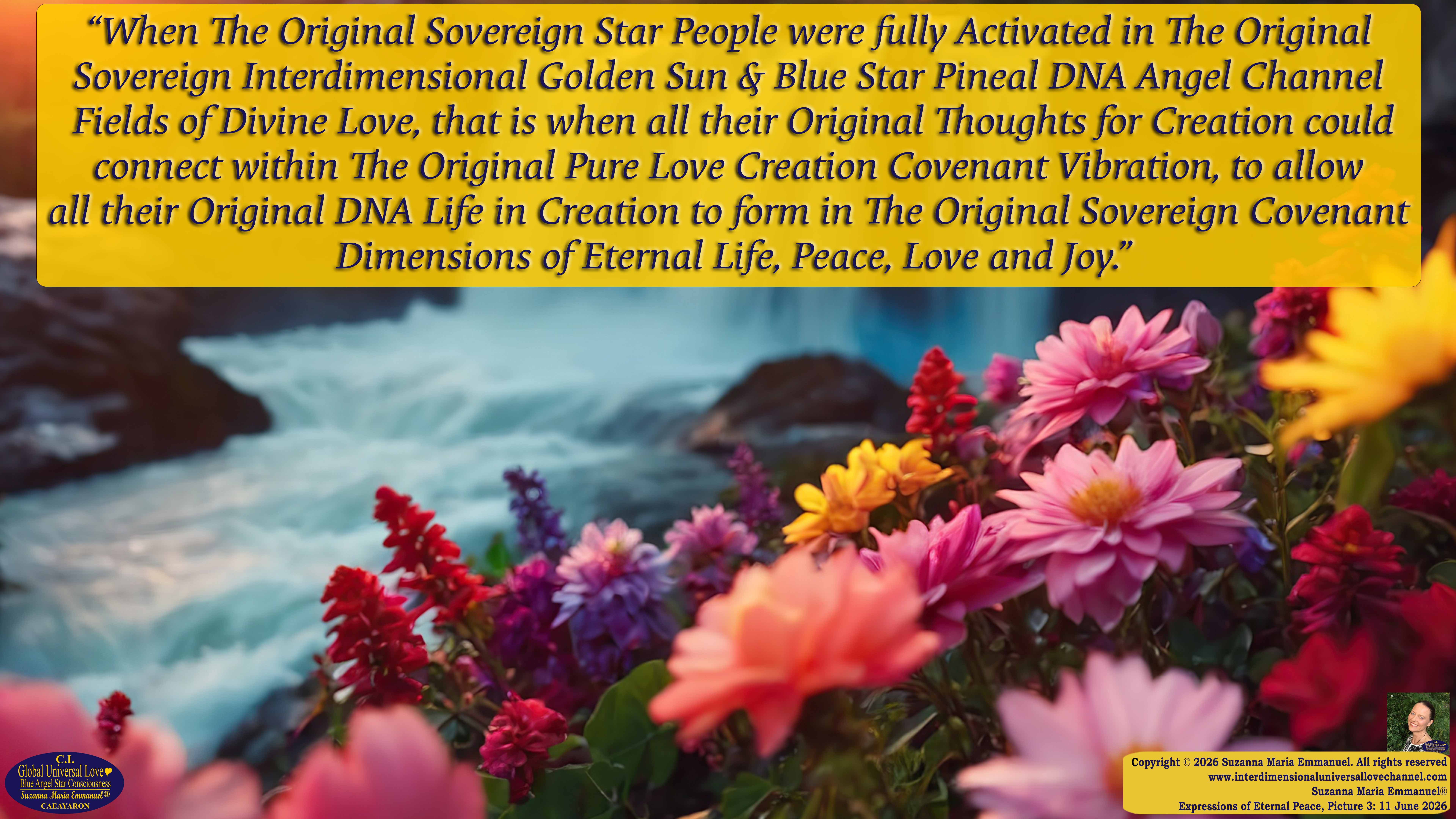By Suzanna Maria Emmanuel:  "When all Original Sovereign Golden Sun People worked together within The Original Love of The Great Universe, in Divine Love, they all wanted life to begin so much from their own and Original Golden Soul-Sun Activated Hearts, in The Original Golden Soul-Sun Consciousness Dimensions of Love, together as One Field of Energy.  When The Original Sovereign Universal Love, Light and Life Grid Programmer, C.Q. Laeayaraesea, knew all their Greatest Golden Heart Desires from their Original Hearts for Life to exist on their Original Blue Star Planets, in The Love, that is when she could begin to ask CAEAYARON, THE ORIGINAL SOVEREIGN MAGNETIC MASTER, to designate Magnetic Fields for all the Original People to exist in The Love, on The Original Blue Star Planets, within all their Original Golden Soul-Sun Pineal Activated Desires of Love, Life, and their Highest Truth to come in, forever." 