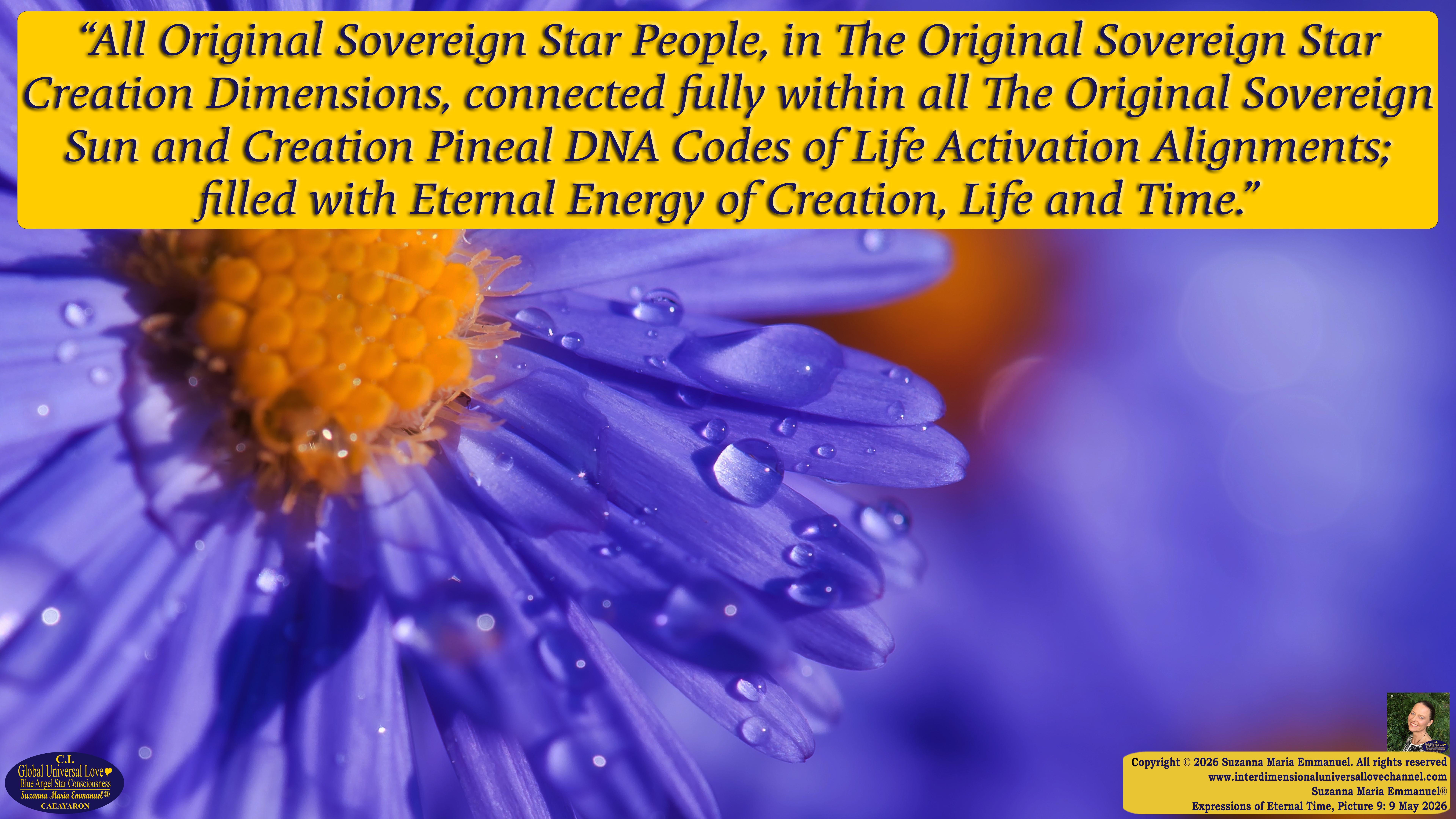 By Suzanna Maria Emmanuel:  "When all Original Sovereign Golden Sun People worked together within The Original Love of The Great Universe, in Divine Love, they all wanted life to begin so much from their own and Original Golden Soul-Sun Activated Hearts, in The Original Golden Soul-Sun Consciousness Dimensions of Love, together as One Field of Energy.  When The Original Sovereign Universal Love, Light and Life Grid Programmer, C.Q. Laeayaraesea, knew all their Greatest Golden Heart Desires from their Original Hearts for Life to exist on their Original Blue Star Planets, in The Love, that is when she could begin to ask CAEAYARON, THE ORIGINAL SOVEREIGN MAGNETIC MASTER, to designate Magnetic Fields for all the Original People to exist in The Love, on The Original Blue Star Planets, within all their Original Golden Soul-Sun Pineal Activated Desires of Love, Life, and their Highest Truth to come in, forever." 