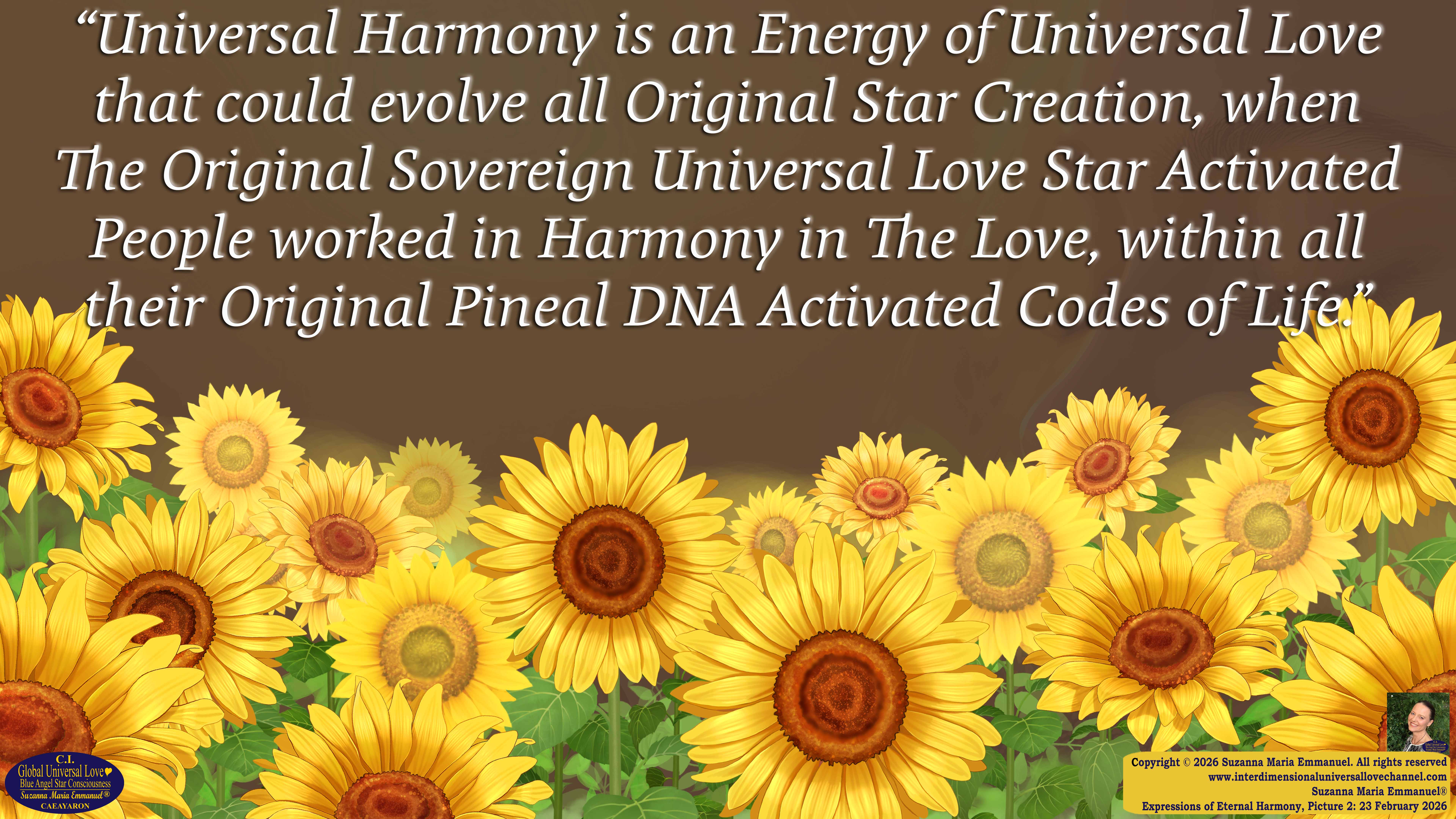 By Suzanna Maria Emmanuel:  "When all Original Sovereign Golden Sun People worked together within The Original Love of The Great Universe, in Divine Love, they all wanted life to begin so much from their own and Original Golden Soul-Sun Activated Hearts, in The Original Golden Soul-Sun Consciousness Dimensions of Love, together as One Field of Energy.  When The Original Sovereign Universal Love, Light and Life Grid Programmer, C.Q. Laeayaraesea, knew all their Greatest Golden Heart Desires from their Original Hearts for Life to exist on their Original Blue Star Planets, in The Love, that is when she could begin to ask CAEAYARON, THE ORIGINAL SOVEREIGN MAGNETIC MASTER, to designate Magnetic Fields for all the Original People to exist in The Love, on The Original Blue Star Planets, within all their Original Golden Soul-Sun Pineal Activated Desires of Love, Life, and their Highest Truth to come in, forever." 