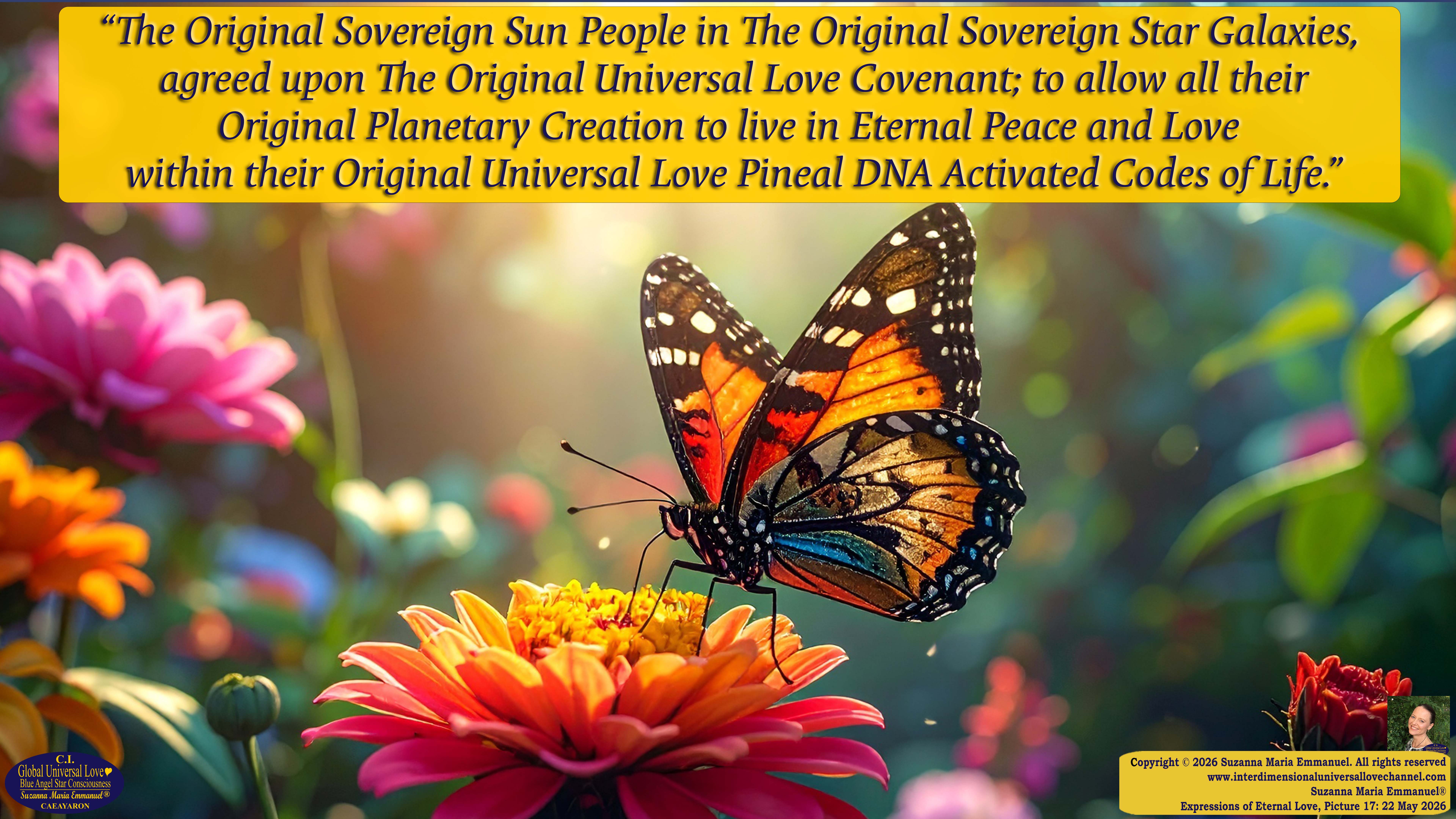 By Suzanna Maria Emmanuel:  "When all Original Sovereign Golden Sun People worked together within The Original Love of The Great Universe, in Divine Love, they all wanted life to begin so much from their own and Original Golden Soul-Sun Activated Hearts, in The Original Golden Soul-Sun Consciousness Dimensions of Love, together as One Field of Energy.  When The Original Sovereign Universal Love, Light and Life Grid Programmer, C.Q. Laeayaraesea, knew all their Greatest Golden Heart Desires from their Original Hearts for Life to exist on their Original Blue Star Planets, in The Love, that is when she could begin to ask CAEAYARON, THE ORIGINAL SOVEREIGN MAGNETIC MASTER, to designate Magnetic Fields for all the Original People to exist in The Love, on The Original Blue Star Planets, within all their Original Golden Soul-Sun Pineal Activated Desires of Love, Life, and their Highest Truth to come in, forever." 