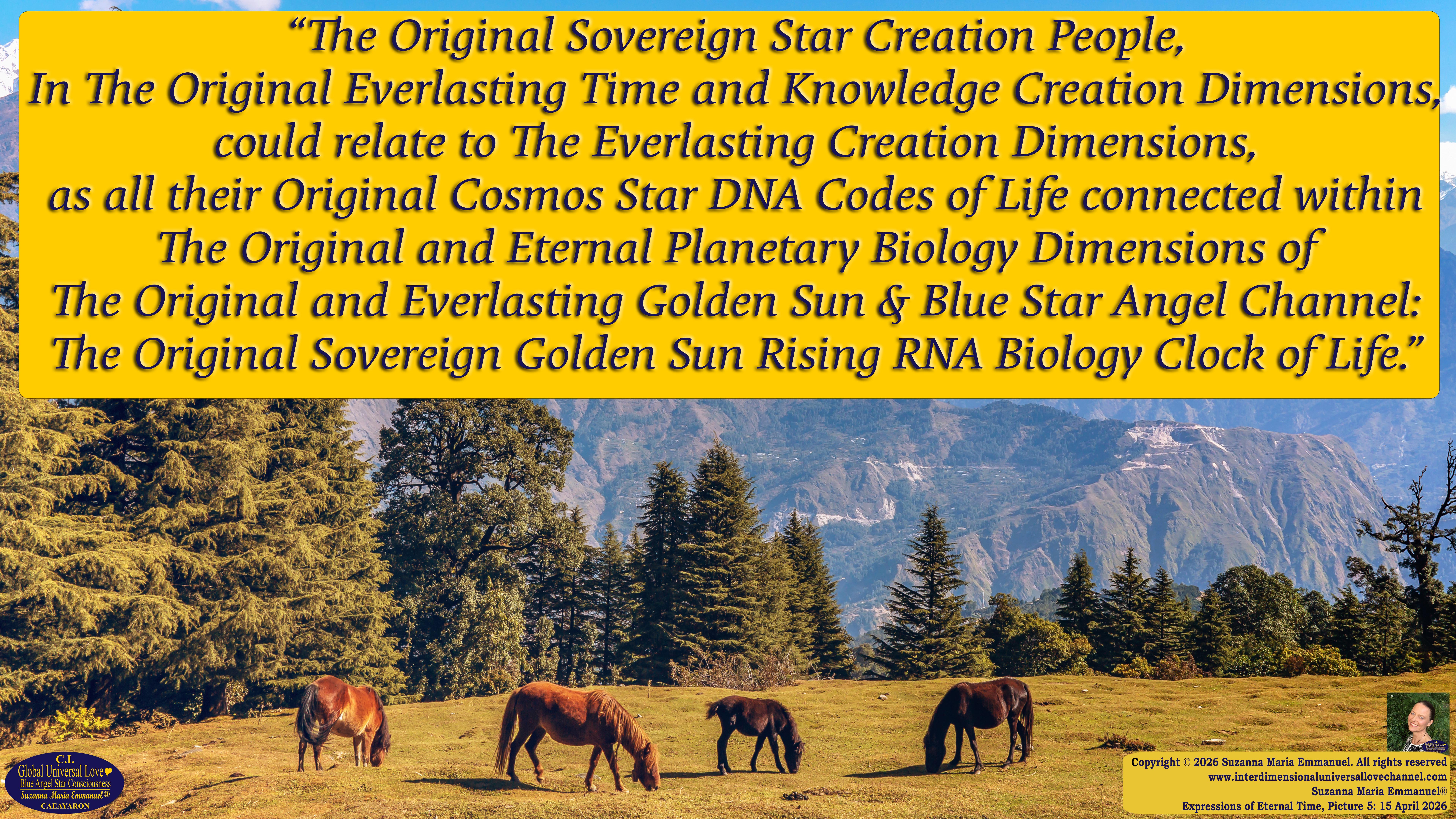 By Suzanna Maria Emmanuel:  "When all Original Sovereign Golden Sun People worked together within The Original Love of The Great Universe, in Divine Love, they all wanted life to begin so much from their own and Original Golden Soul-Sun Activated Hearts, in The Original Golden Soul-Sun Consciousness Dimensions of Love, together as One Field of Energy.  When The Original Sovereign Universal Love, Light and Life Grid Programmer, C.Q. Laeayaraesea, knew all their Greatest Golden Heart Desires from their Original Hearts for Life to exist on their Original Blue Star Planets, in The Love, that is when she could begin to ask CAEAYARON, THE ORIGINAL SOVEREIGN MAGNETIC MASTER, to designate Magnetic Fields for all the Original People to exist in The Love, on The Original Blue Star Planets, within all their Original Golden Soul-Sun Pineal Activated Desires of Love, Life, and their Highest Truth to come in, forever." 