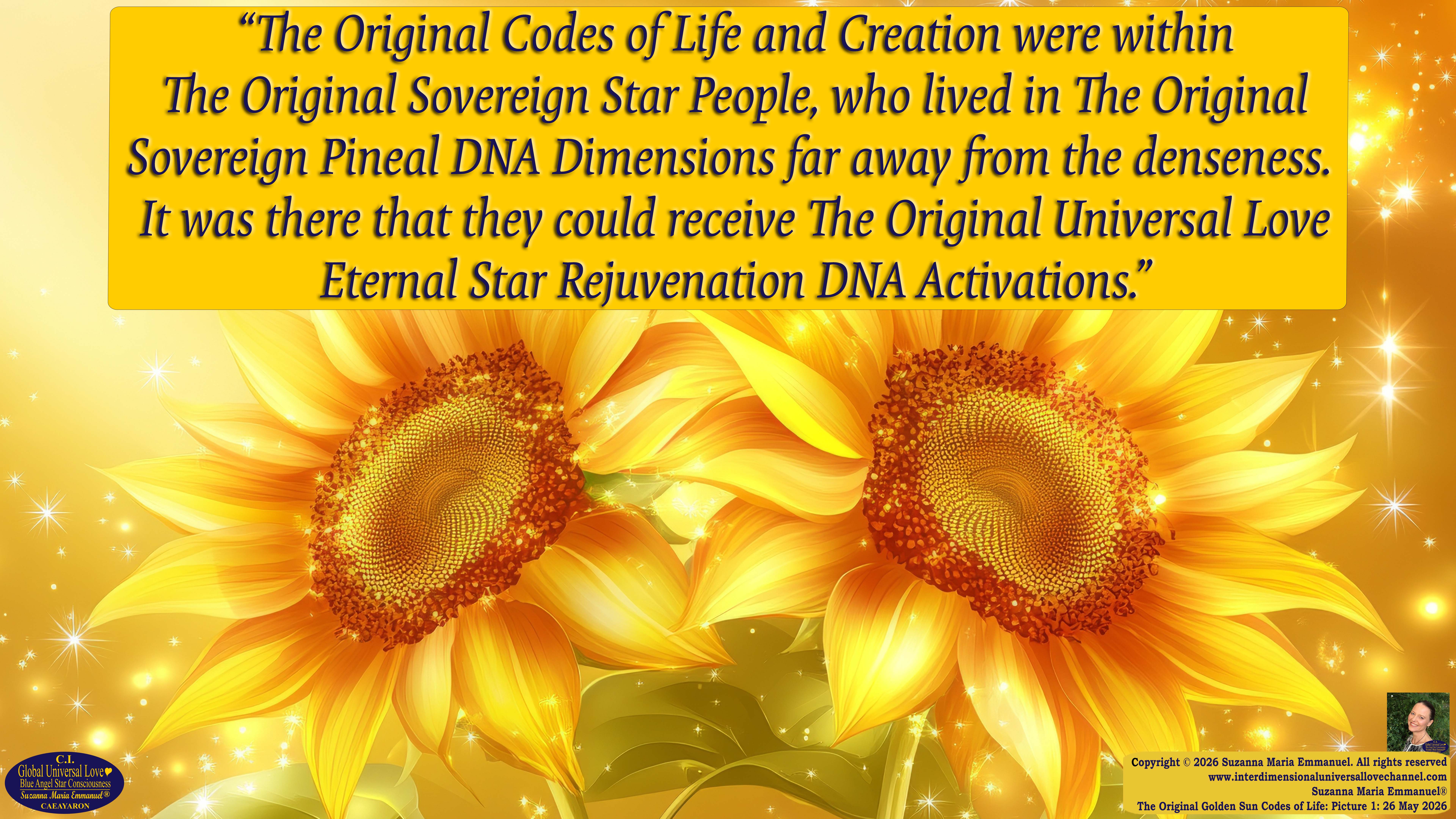 By Suzanna Maria Emmanuel:  "When all Original Sovereign Golden Sun People worked together within The Original Love of The Great Universe, in Divine Love, they all wanted life to begin so much from their own and Original Golden Soul-Sun Activated Hearts, in The Original Golden Soul-Sun Consciousness Dimensions of Love, together as One Field of Energy.  When The Original Sovereign Universal Love, Light and Life Grid Programmer, C.Q. Laeayaraesea, knew all their Greatest Golden Heart Desires from their Original Hearts for Life to exist on their Original Blue Star Planets, in The Love, that is when she could begin to ask CAEAYARON, THE ORIGINAL SOVEREIGN MAGNETIC MASTER, to designate Magnetic Fields for all the Original People to exist in The Love, on The Original Blue Star Planets, within all their Original Golden Soul-Sun Pineal Activated Desires of Love, Life, and their Highest Truth to come in, forever." 
